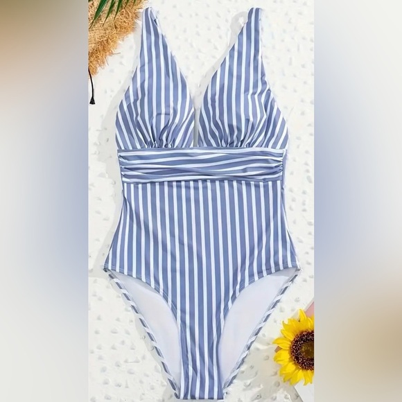 Blue White Deep V Tummy Control Swimsuit - Picture 5 of 9